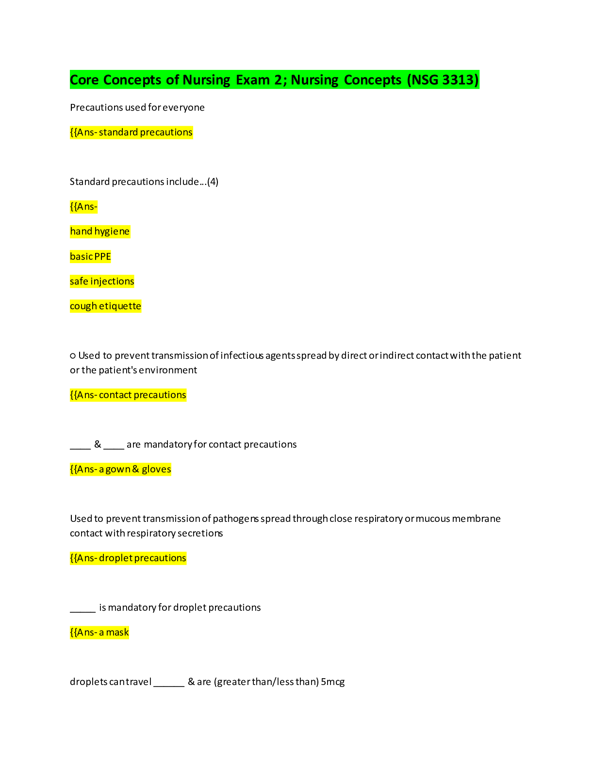 Preview of Core Concepts of Nursing Exam 2; Nursing Concepts (NSG 3313) (S0lved) with correct Answers